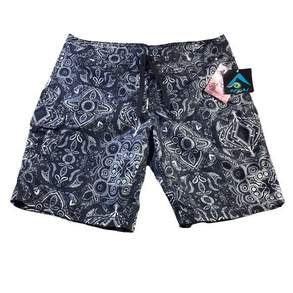 Kanu Surf Board Shorts Womens Size 10 Black Paisley‎ Swim Trunks NWT - Picture 1 of 16